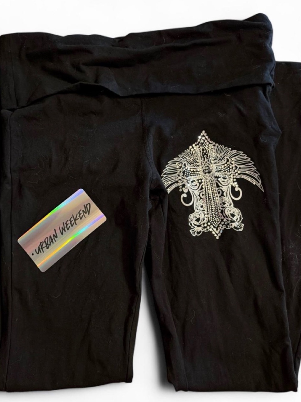 Women’s Black Leggings with Silver Embellished Cross Detail